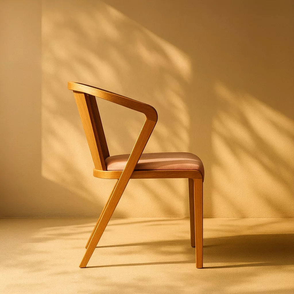 Minimalist tasarıma sahip, pembe oturumlu kayın ahşap yemek sandalyesi.
