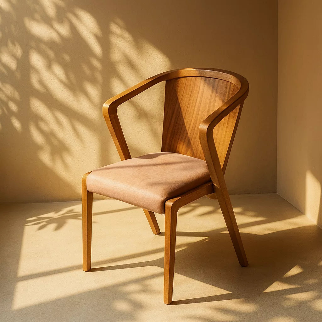 Minimalist modern bir kayın ahşap yemek sandalyesi, güneş ışığının vurduğu duvarın önünde yer alıyor.