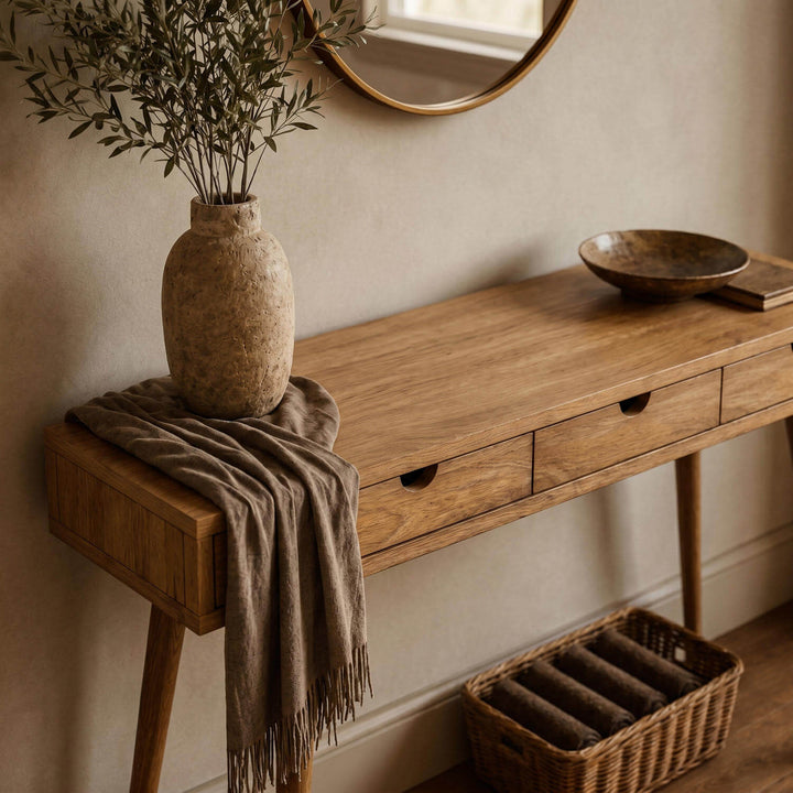 Yarım ay kulp oyuklarına sahip minimalist Nordic Ahşap Konsol, altında hasır bir sepet ile antre düzeninde sergileniyor.