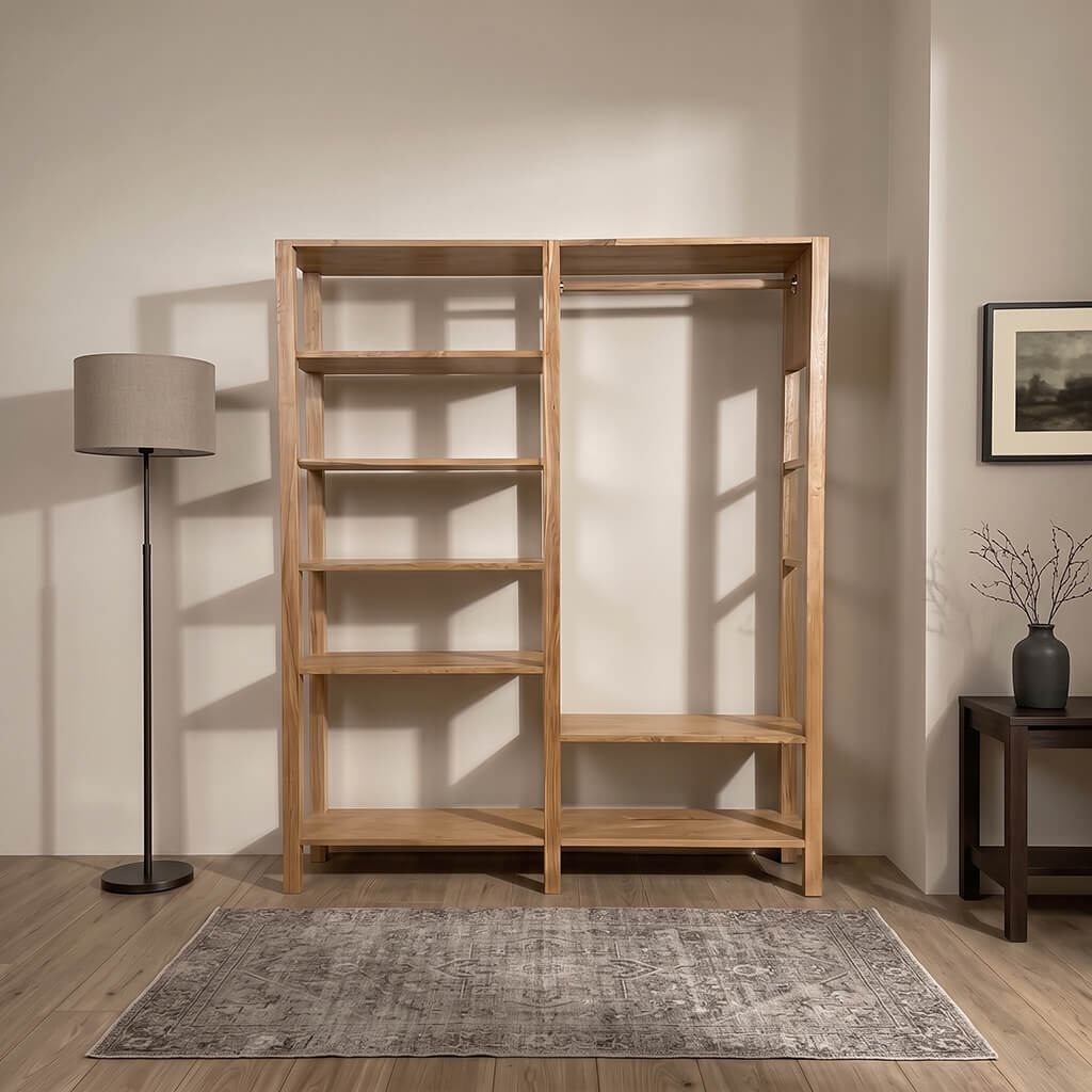 Minimalist tasarımlı çok raflı ve askı bölmeli ahşap açık elbise dolabı   