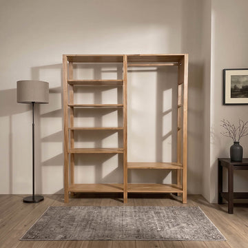 Minimalist tasarımlı çok raflı ve askı bölmeli ahşap açık elbise dolabı   