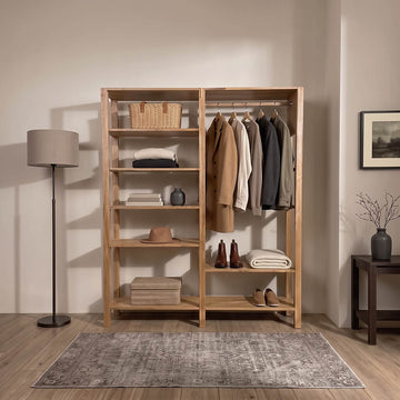 Oakline masif ahşap açık gardırop modülü ve raflı elbise askılığı