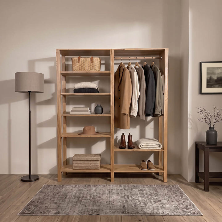 Oakline masif ahşap açık gardırop modülü ve raflı elbise askılığı