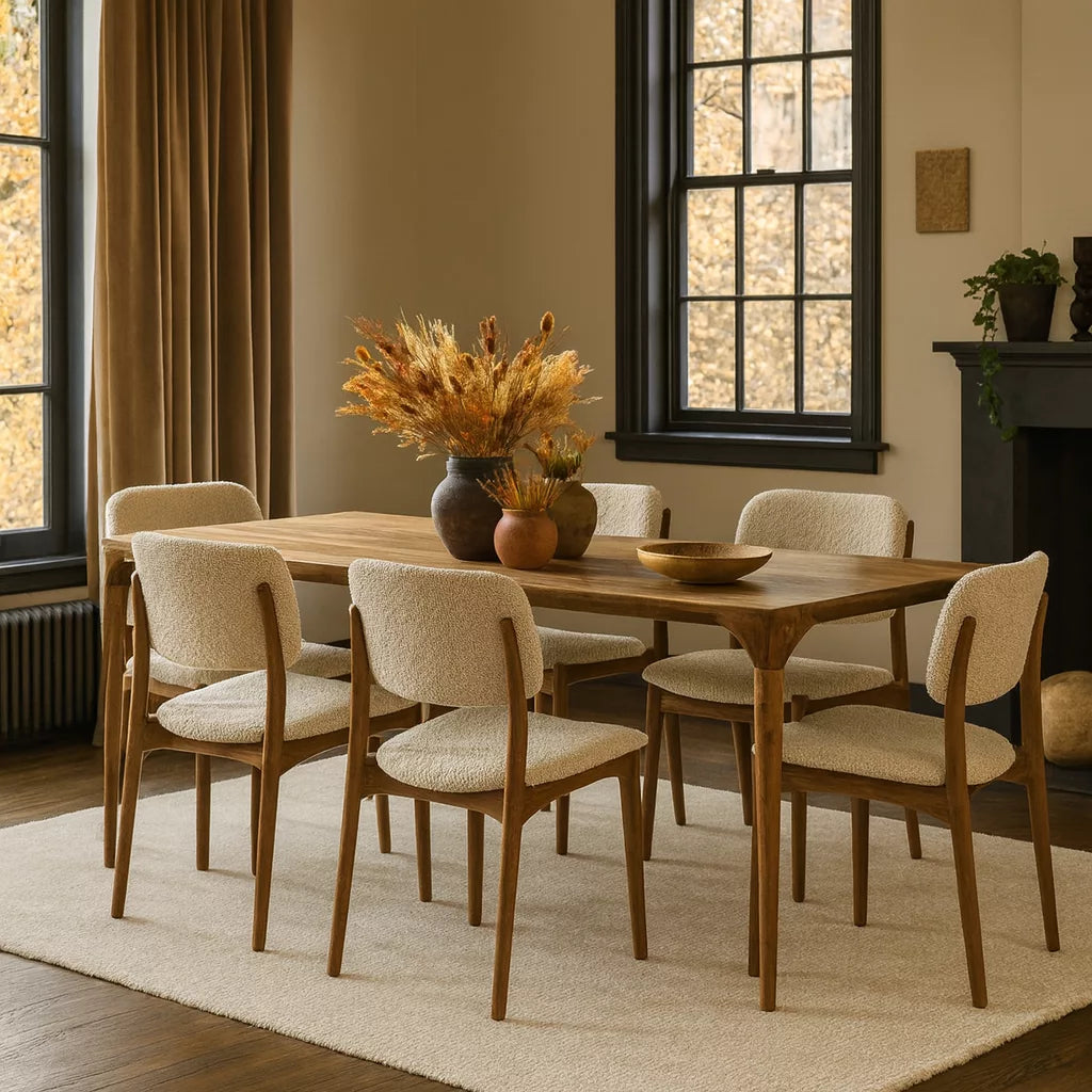 Modern İskandinav tasarımında, altı sandalyeli Oslo Ceviz Masif Ahşap Yemek Masası ve vazoda çiçekler.