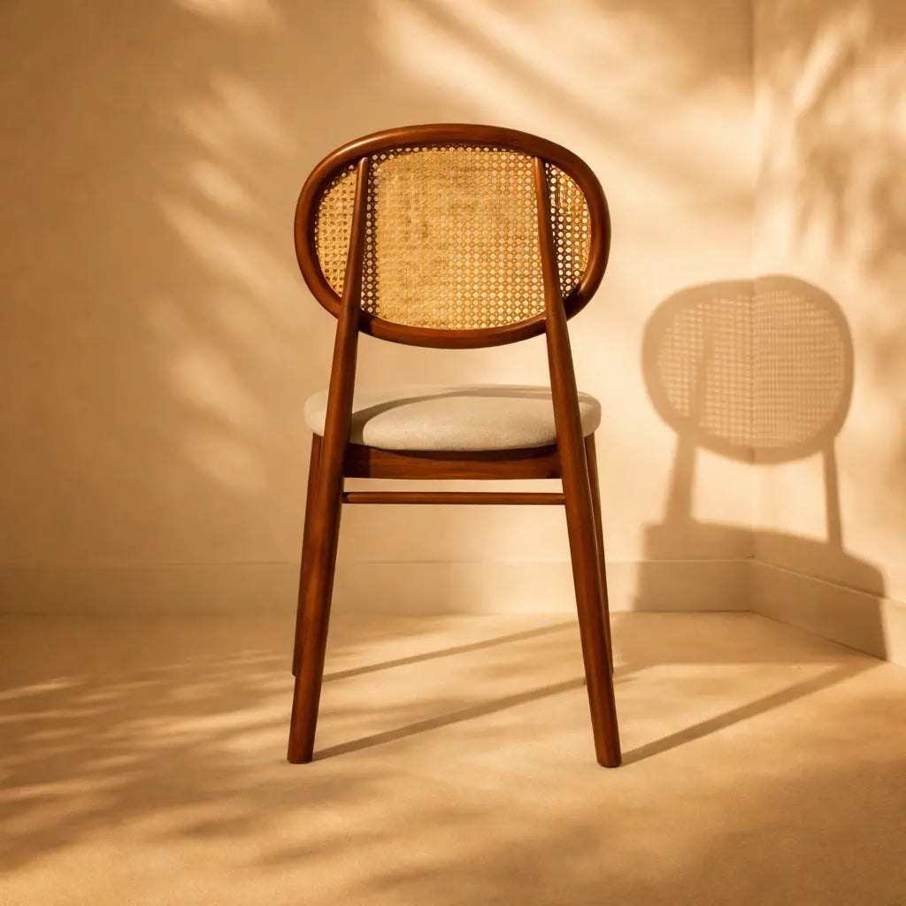 Oval Hazeranlı Modern Yemek Sandalyesi, arkasında duvara yansıyan gölgesiyle birlikte sergileniyor.