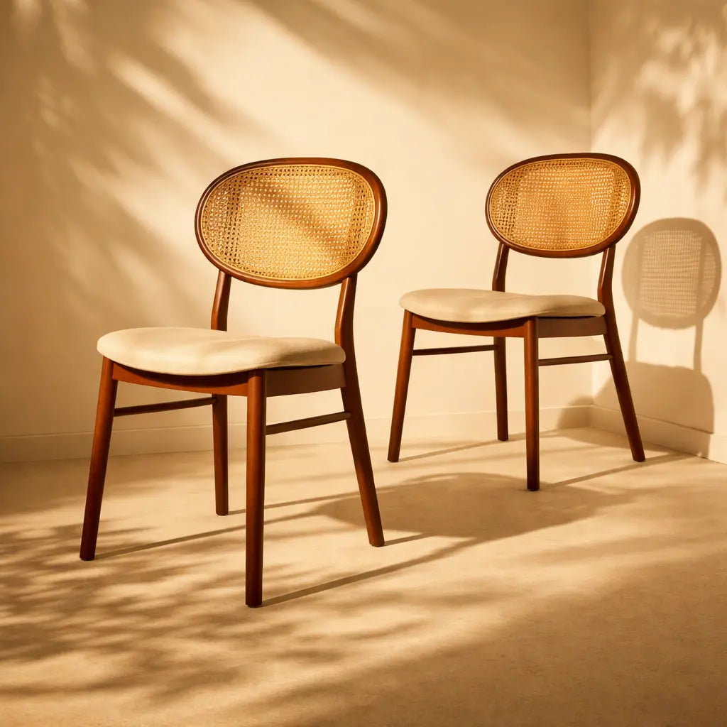 Güneşli bir ortamda, iki adet rattan sırtlı sandalye yer alıyor. Ürün: Oval Hazeranlı Modern Yemek Sandalyesi.