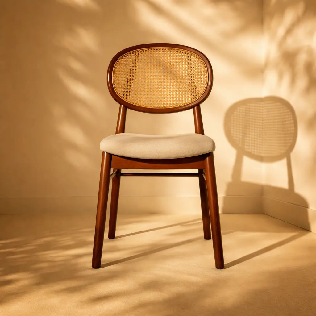 Oval Hazeranlı modern yemek sandalyesi, rattan arkalığı ve beyaz oturumu ile zarif bir tasarım örneği.