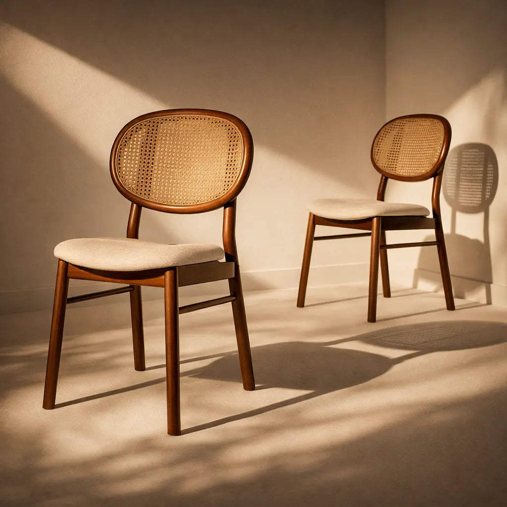 Duvarın önünde yer alan iki rattan sırtlı sandalye. Ürün adı: Oval Hazeranlı Modern Yemek Sandalyesi.