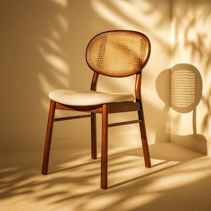 Oval Hazeranlı Modern Yemek Sandalyesi, hasır oturağı ve gölgesiyle birlikte gösterilmektedir.