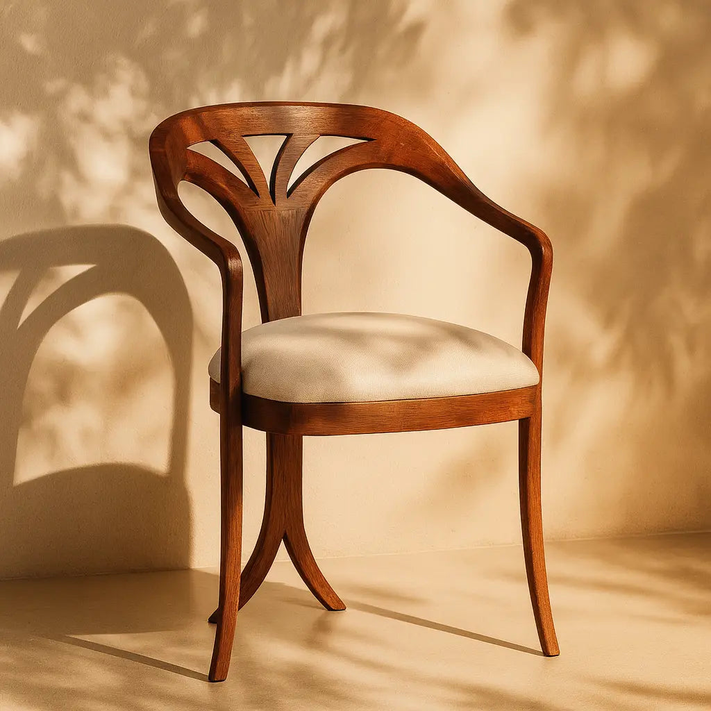 Retro-Modern Çizgili Masif Kayın Yelpaze Sandalye; ahşap sırt ve beyaz oturum ile şık bir tasarım.