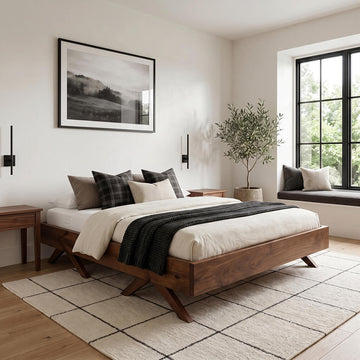 Düz başlık paneli ve sağlam platform yapısıyla öne çıkan İskandinav tasarımlı yatak iskeleti