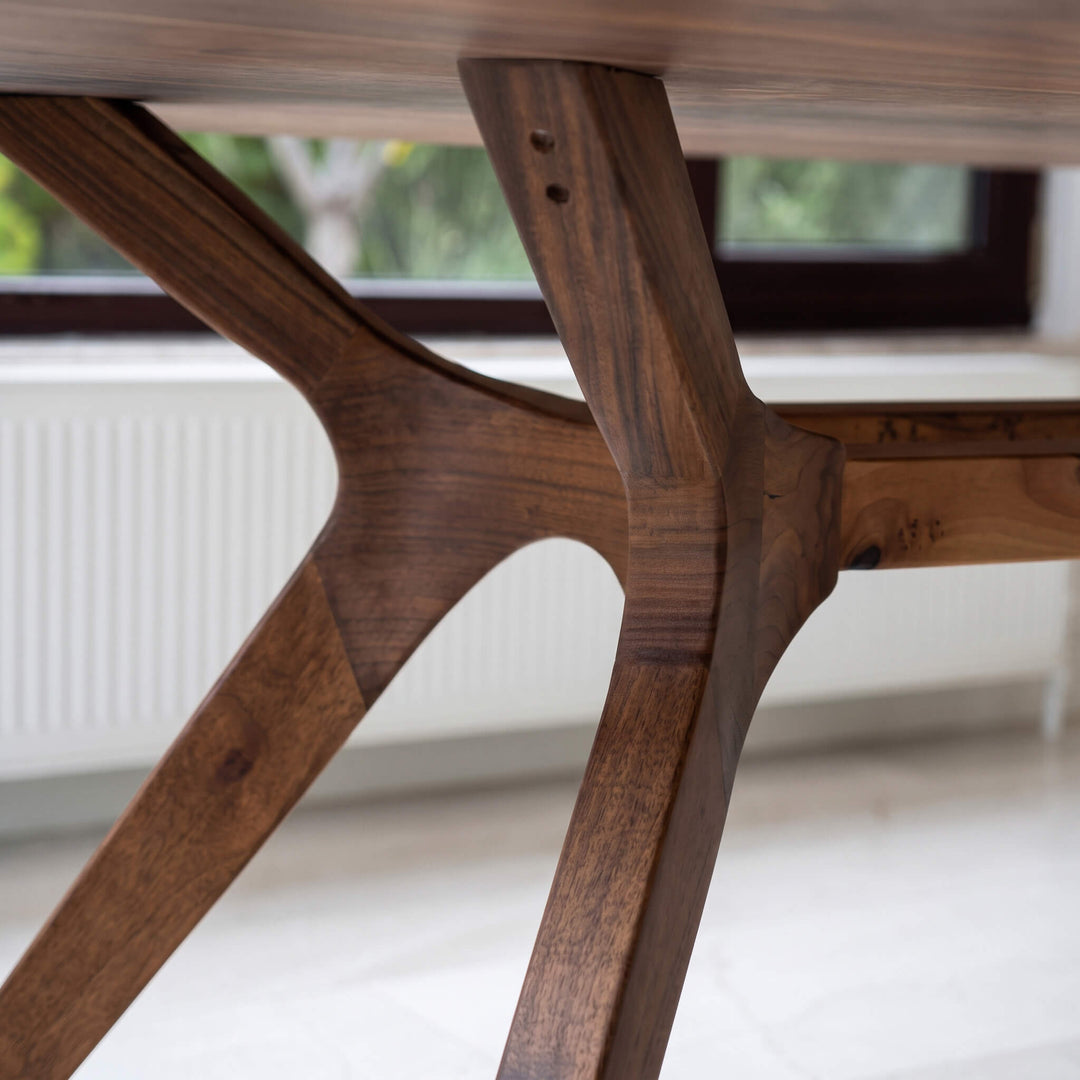 Contemporary walnut wood dining table set placed near large sunlit windows   