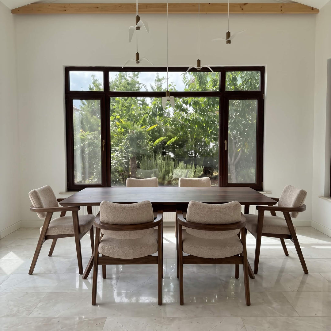Vigo handcrafted walnut dining room table with elegant wooden legs and matching chairs   