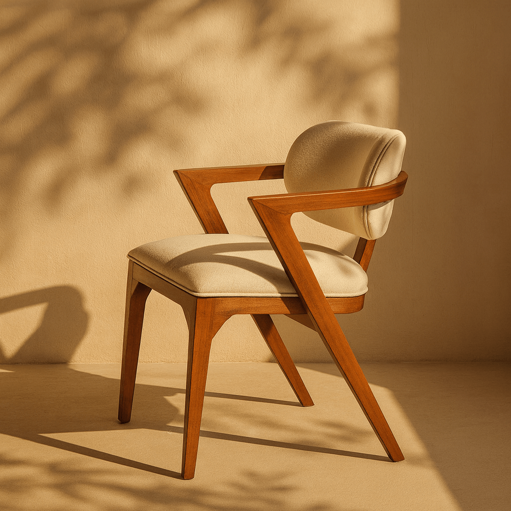 Z-Form Masif Kayın Tasarım Koltuk; ahşap çerçeve ve bej döşemeli oturma alanı ile şık bir tasarım.