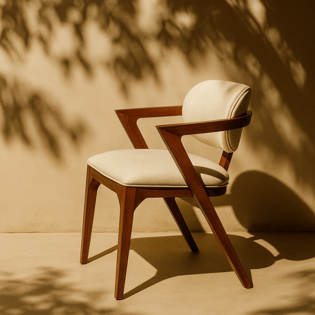 Ağaç önünde oturan Z-Form Masif Kayın Tasarım Koltuk.