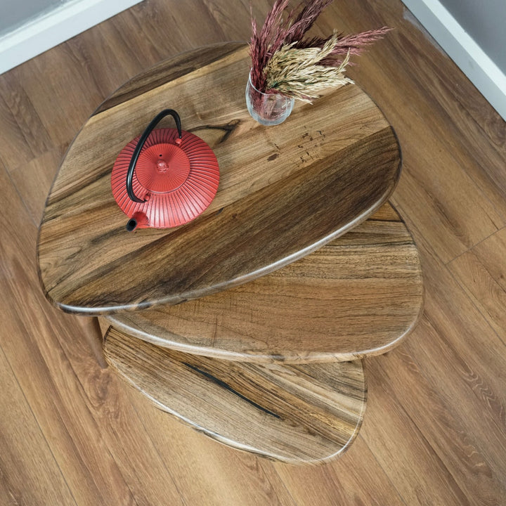 3lu zigon sehpa takimi ceviz agaci kullanisli ve sade ev dekoru icin ideal zigon sehpa seti vornom