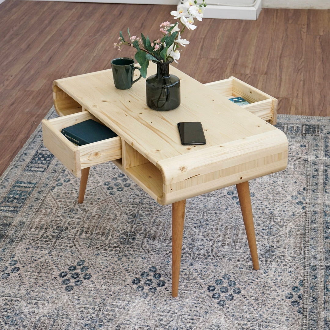 ladin agaci orta sehpa modern ve cekici dizayn cekmeceli ve rafli oturma odasi icin ideal vornom