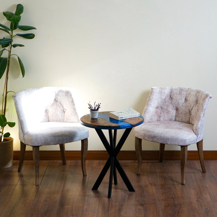 metal ayakli mavi epoksi nehir desenli modern yuvarlak sehpa vornom