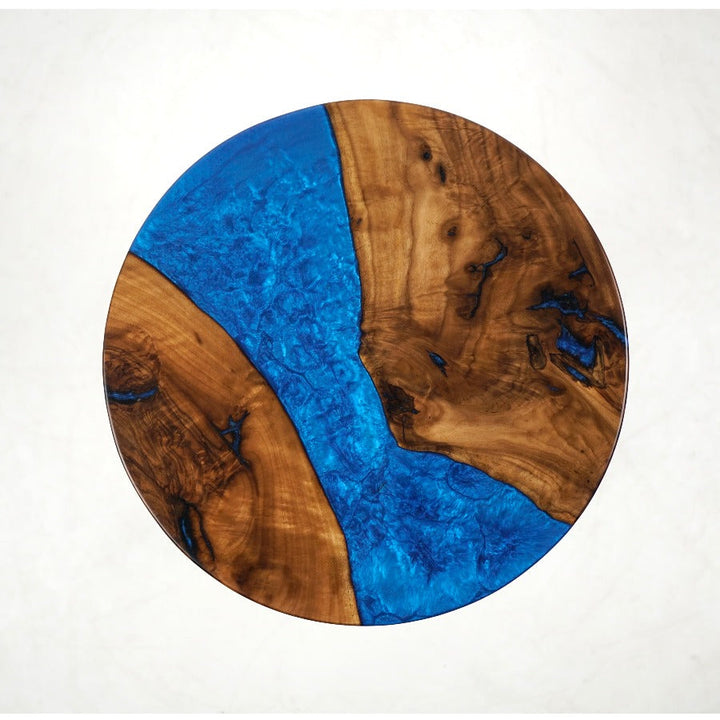 mavi epoksili yuvarlak ceviz sehpa tablasi vornom